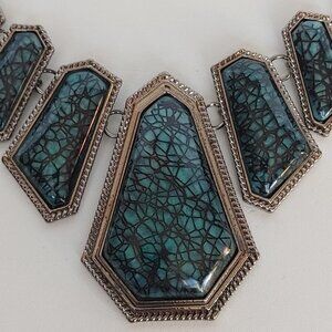 Beautiful Faux Turquoise Lace Statement Necklace Black Tone Chain